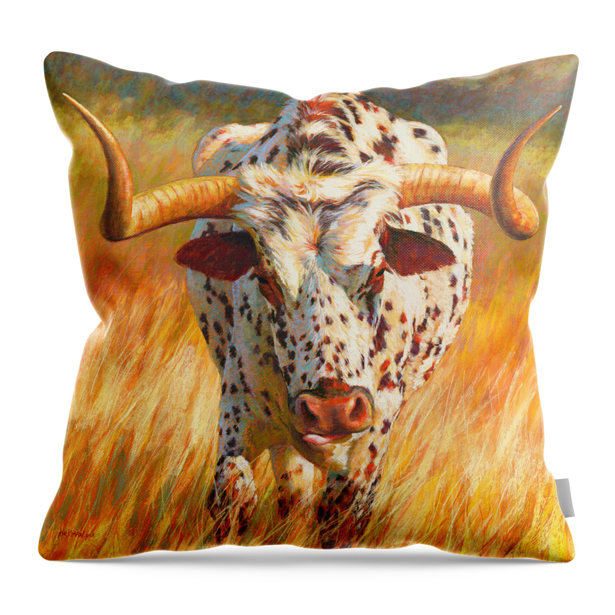 Cow Throw Pillow featuring the pastel No Bull by Rita Kirkman