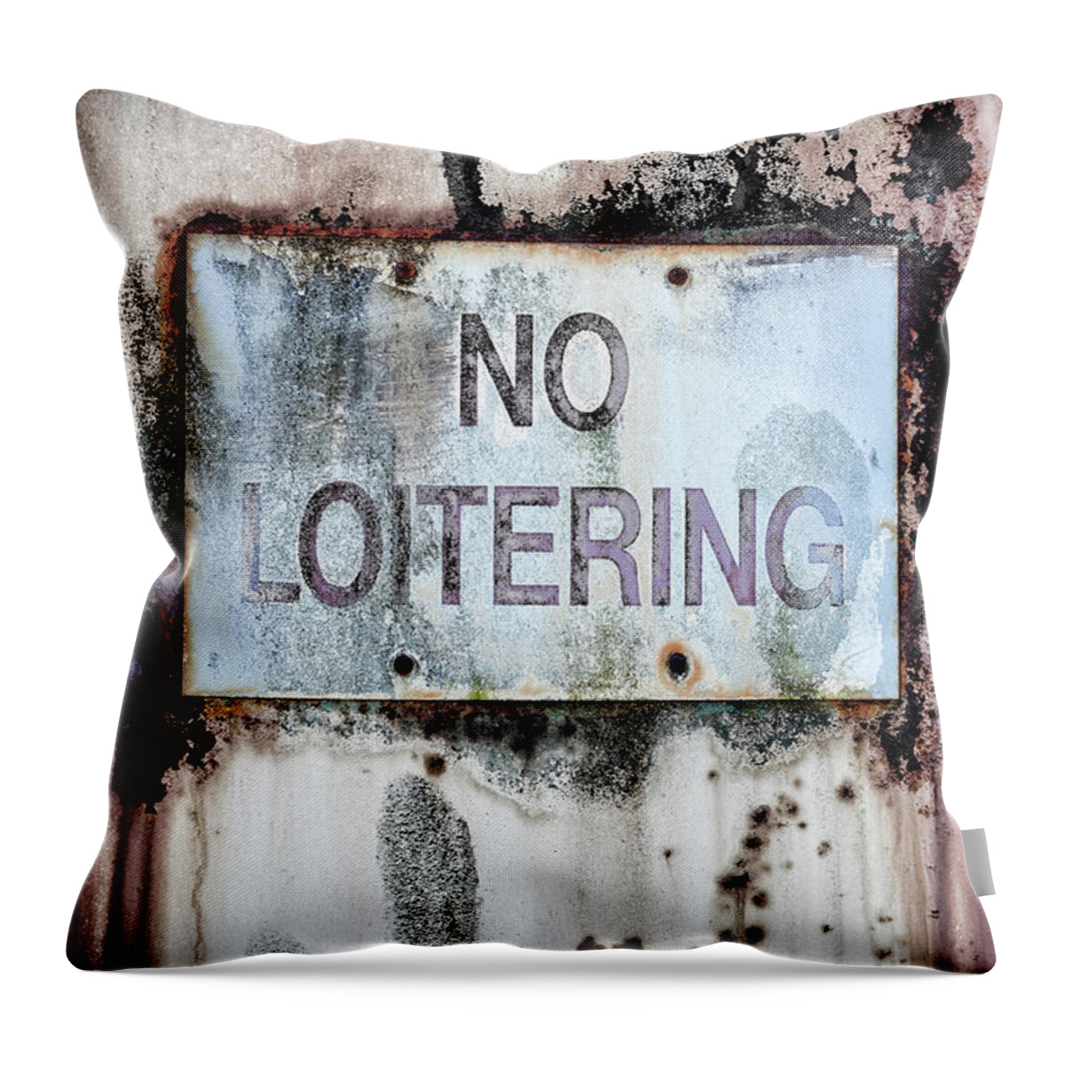 Sign Throw Pillow featuring the photograph No Loitering Sign on Trash Bin by Carol Leigh