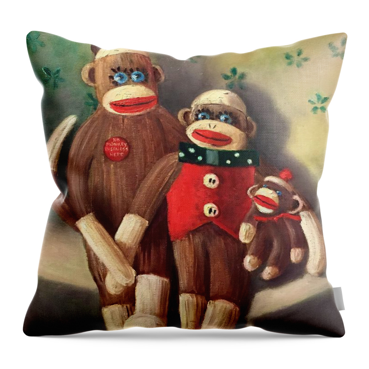 Sock Monkeys Throw Pillow featuring the painting No Monkey Business Here 2 by Rand Burns