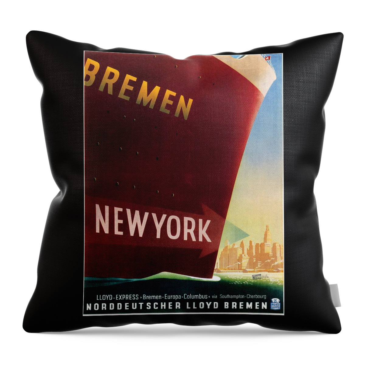 Bremen Throw Pillow featuring the mixed media Norddeutscher Lloyd Bremen - New York - Retro travel Poster - Vintage Poster by Studio Grafiikka
