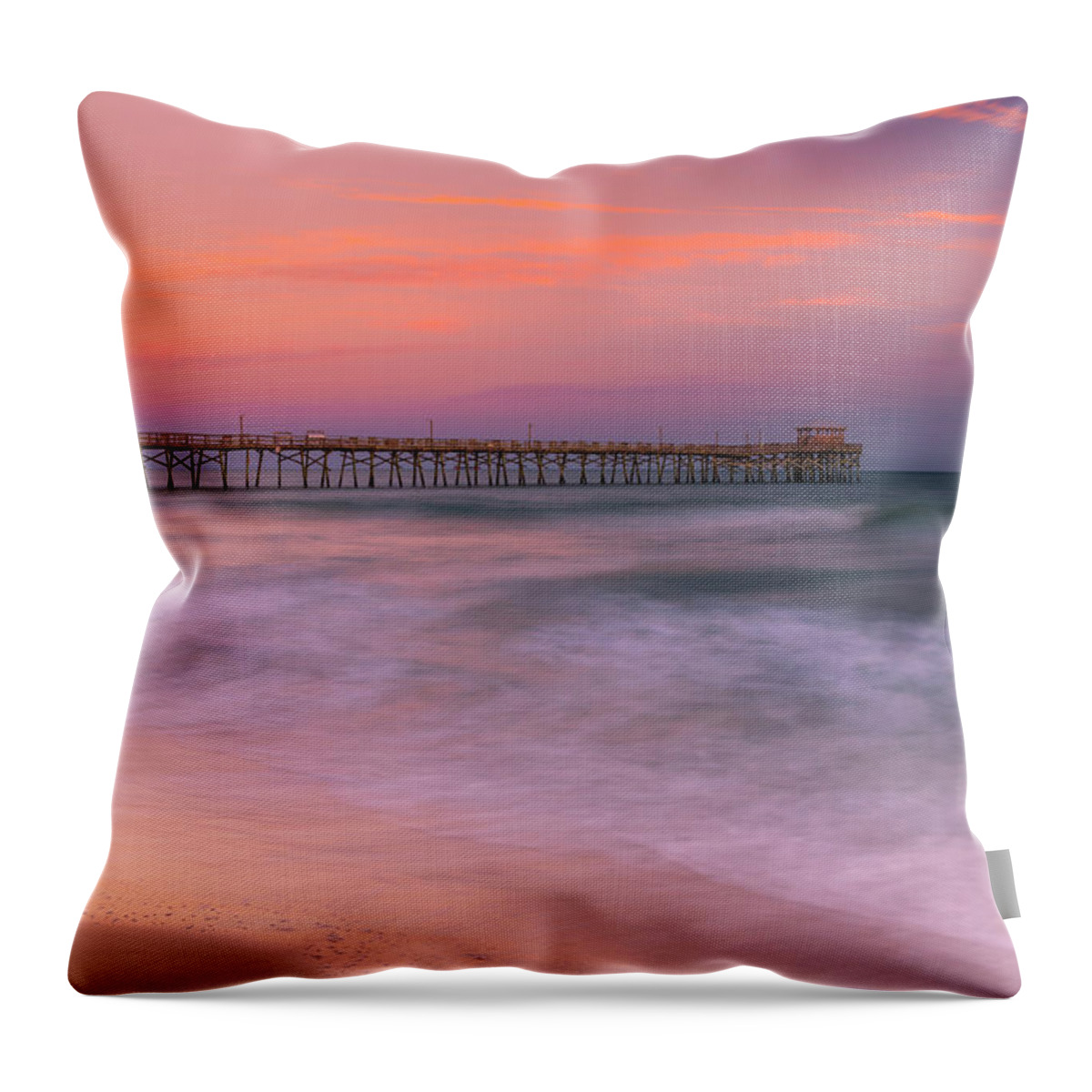 North Carolina Throw Pillow featuring the photograph North Carolina Oceana Fishing Pier at Sunset by Ranjay Mitra