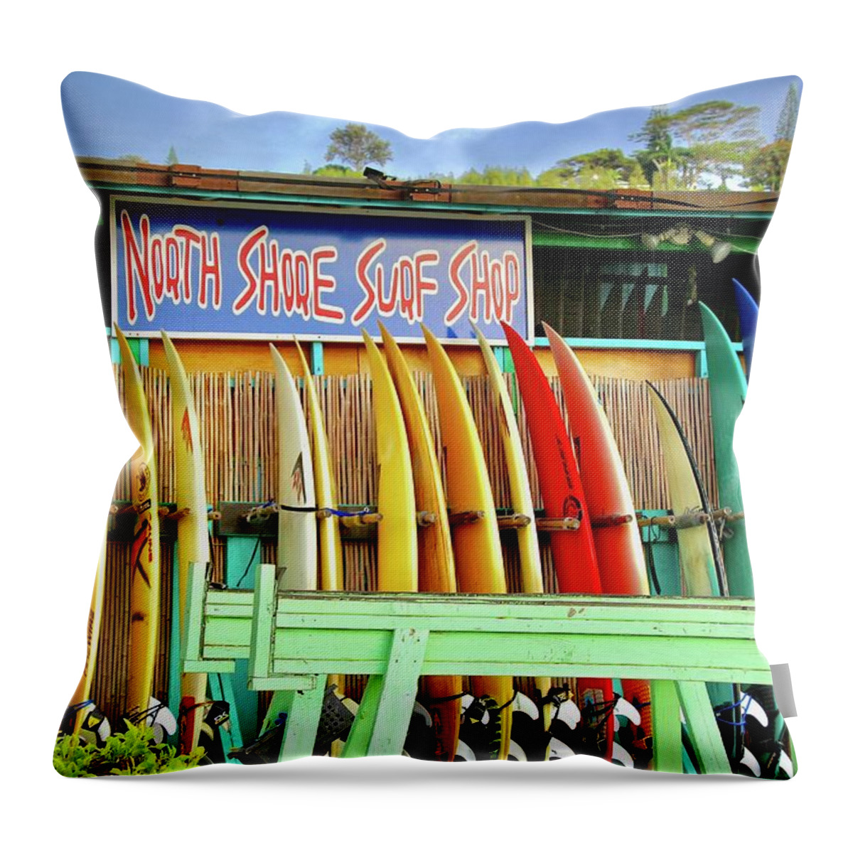 North Shore Throw Pillow featuring the photograph North Shore Surf Shop 1 by Jim Albritton