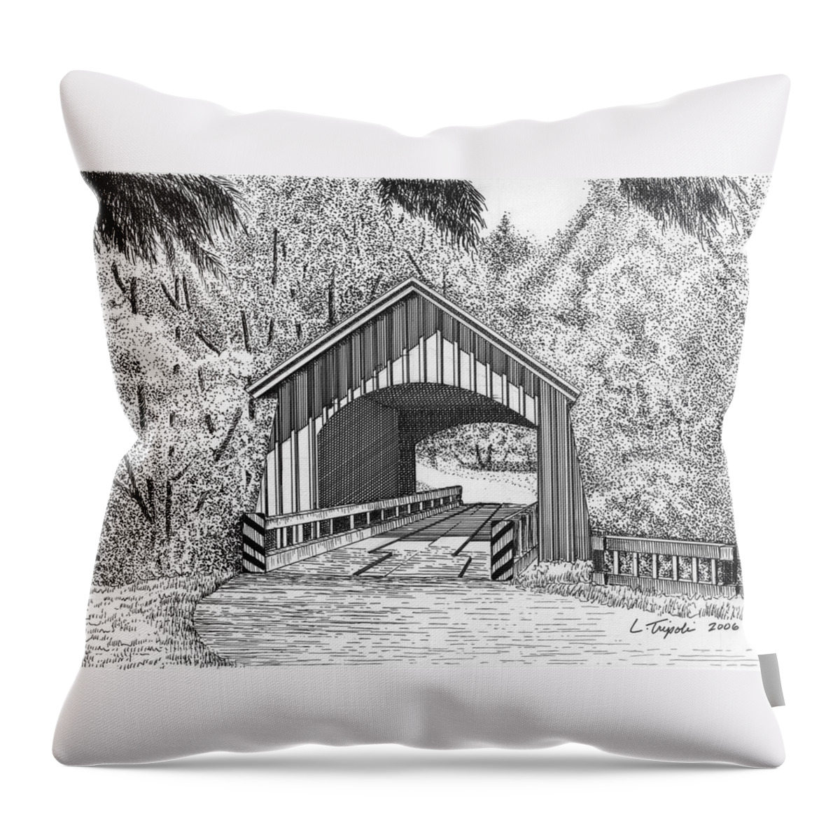 Bridges Throw Pillow featuring the drawing North Yachats Covered Bridge by Lawrence Tripoli