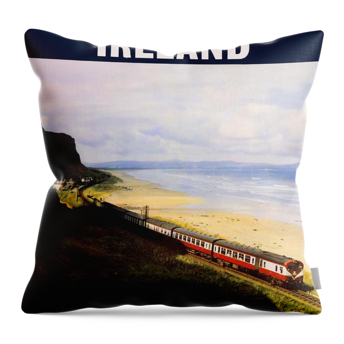 Northern Ireland Coast Throw Pillow featuring the painting Northern Ireland coast, railway, train, travel Poster by Long Shot