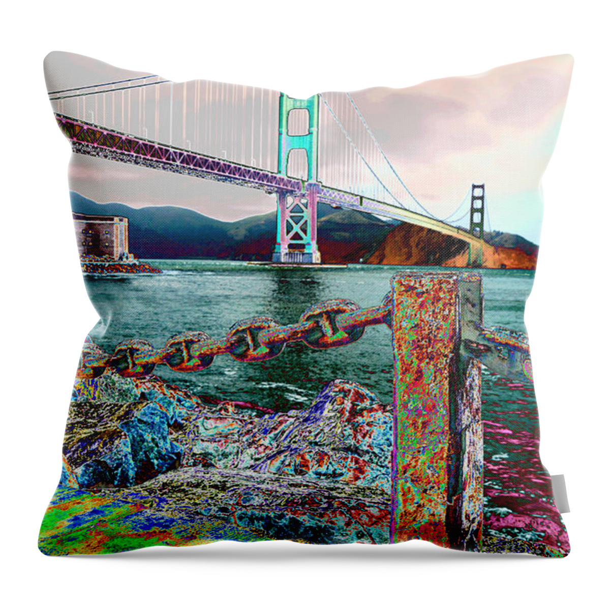 (shoreline) (rusty Color Chain) (bridge) (golden Gate Bridge)( San Francisco Bay) (bay Area Bridge) (california Bridge) Throw Pillow featuring the photograph Northward on the Bridge by Tom Kelly