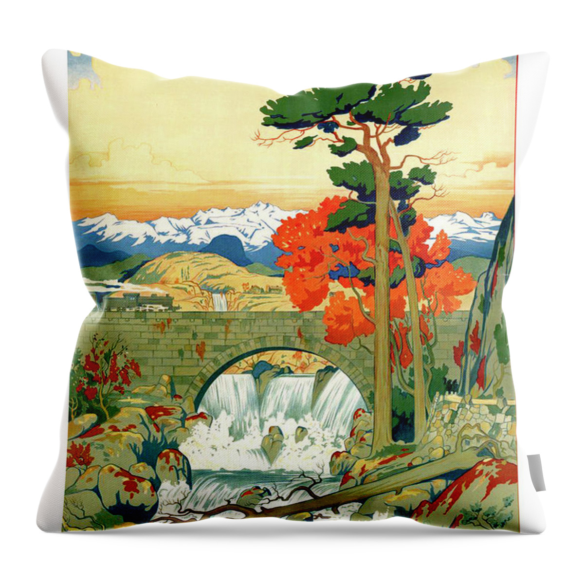 Norway Throw Pillow featuring the painting Norway, landscape, bridge, waterfalls by Long Shot