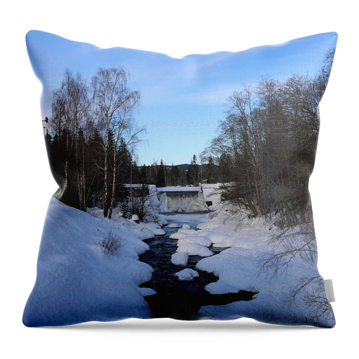 Waterfront Trees Winter Snow Water Bluesky Scandinavia Norway Europe Countryside Trees Throw Pillow featuring the digital art Norwegian Winter landscape. by Jeanette Rode Dybdahl