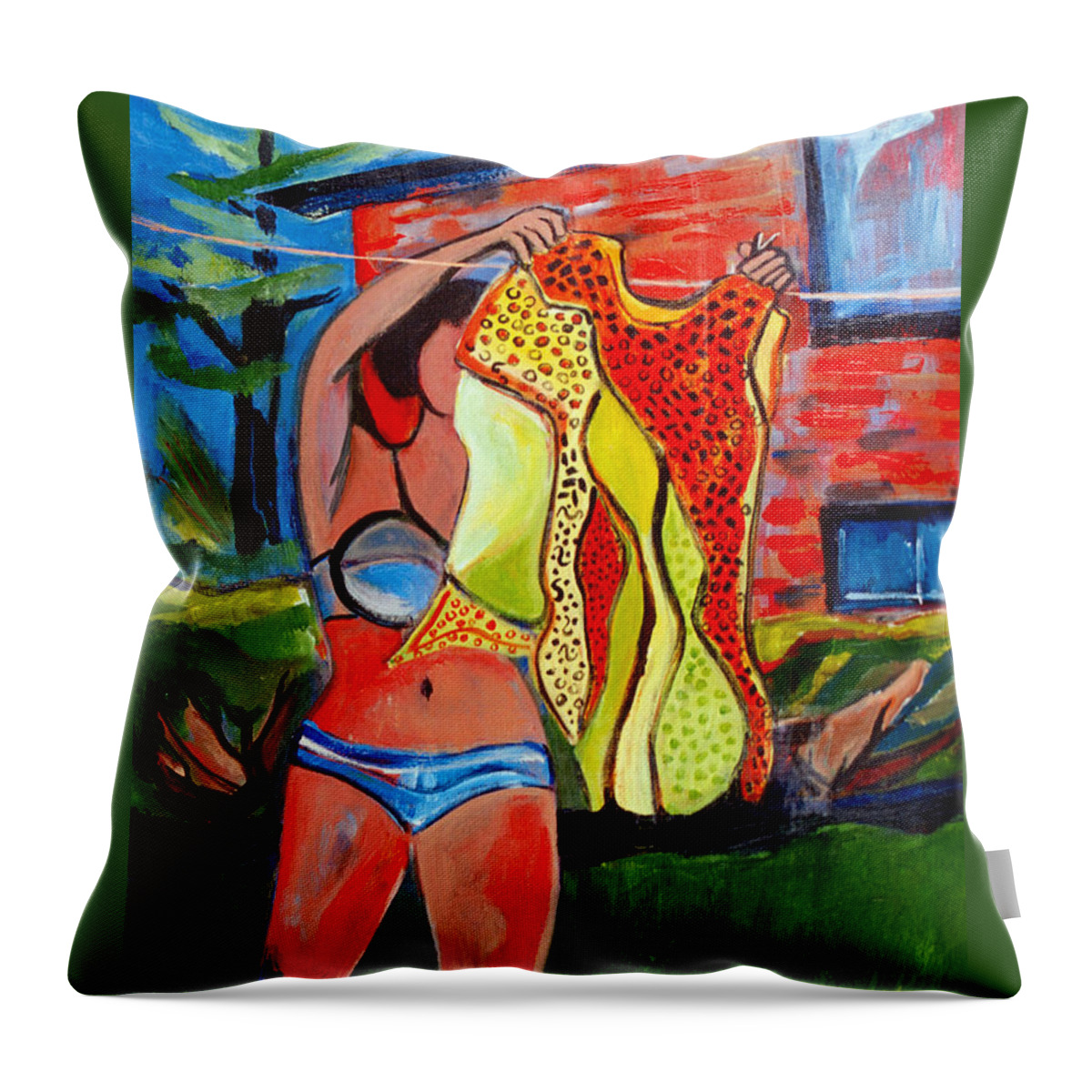 Girl In Bikini Throw Pillow featuring the painting Not Your Grandma's Clothes Line by Betty Pieper