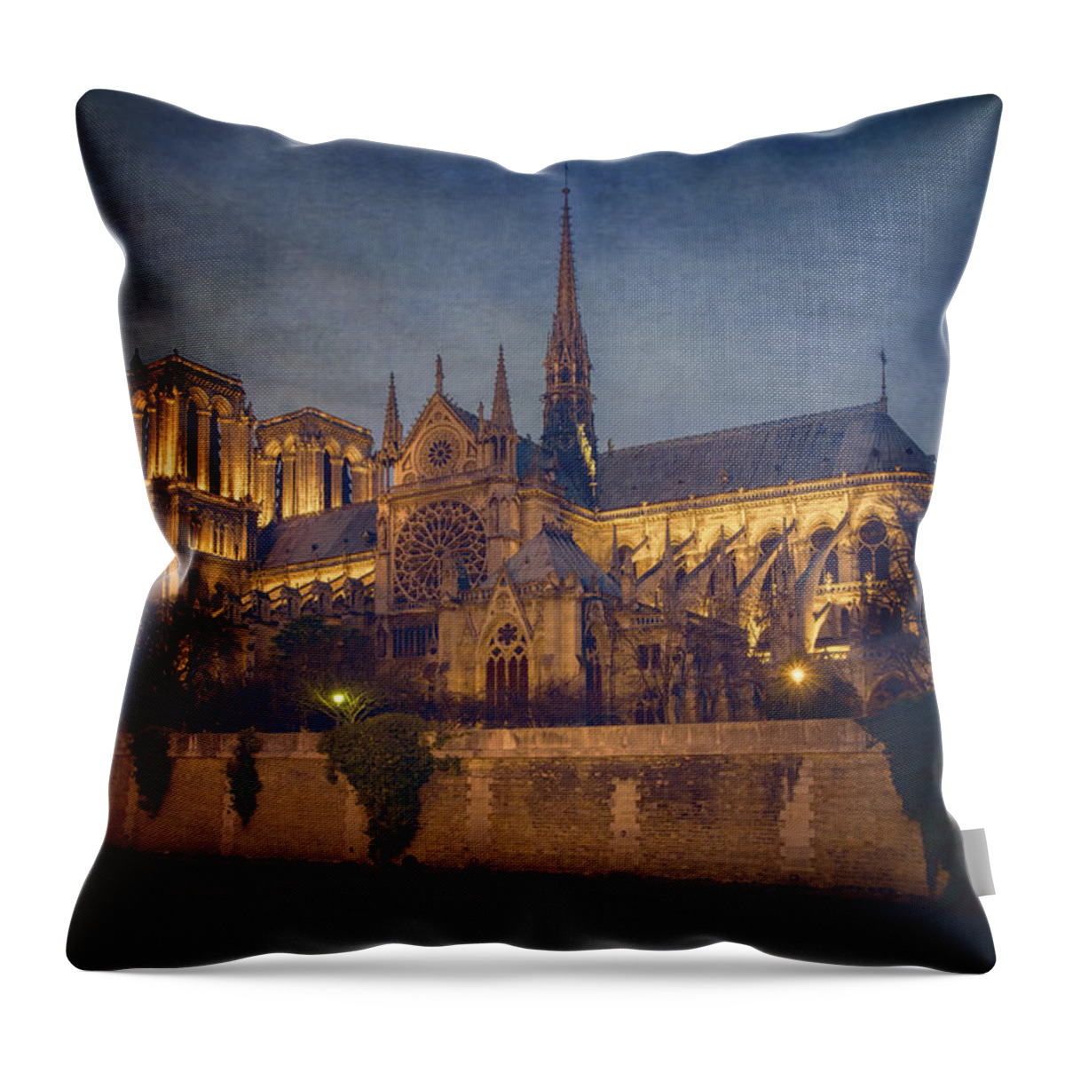 Joan Carroll Throw Pillow featuring the photograph Notre Dame on the Seine Textured by Joan Carroll