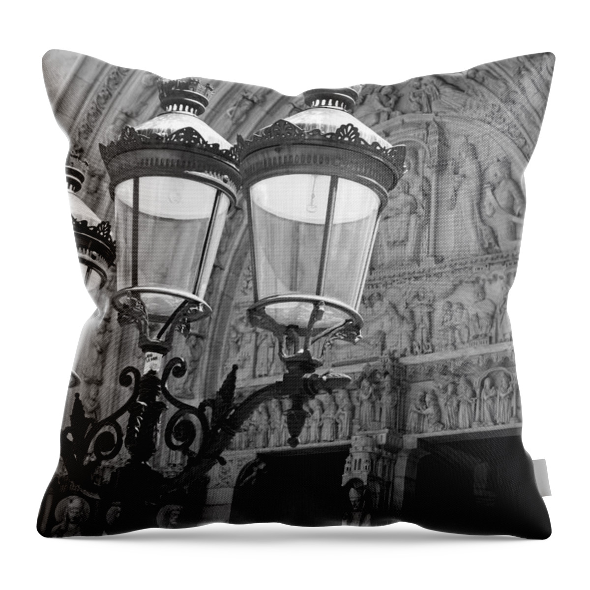 Paris Throw Pillow featuring the photograph Notre Dame Street Lights Paris France Black and White by Toby McGuire