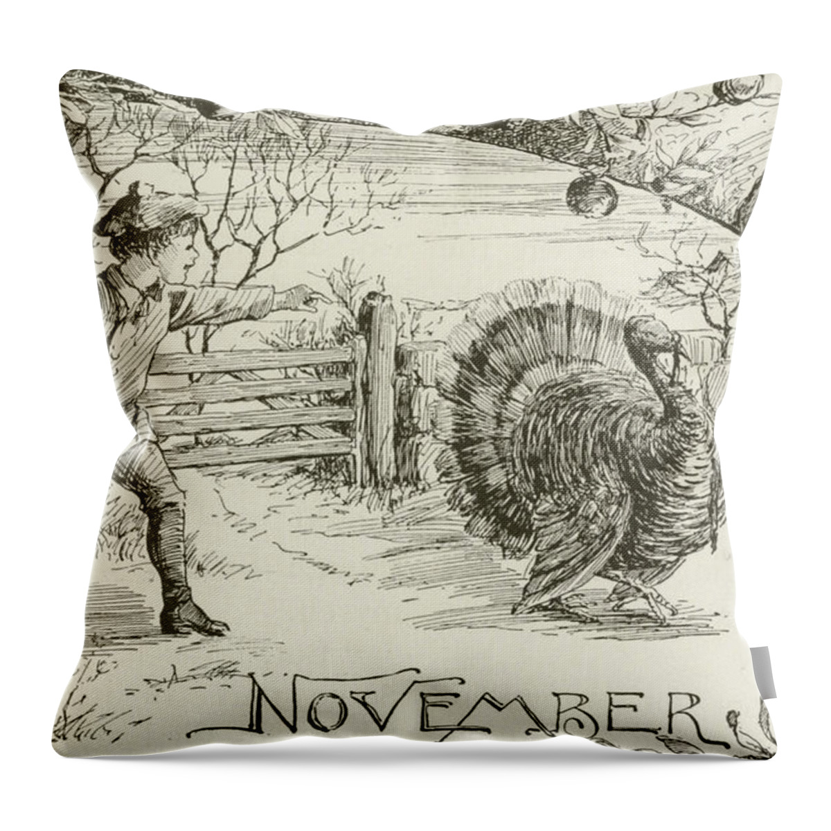 Novmber Throw Pillow featuring the drawing November  Vintage Thanksgiving Card by American School