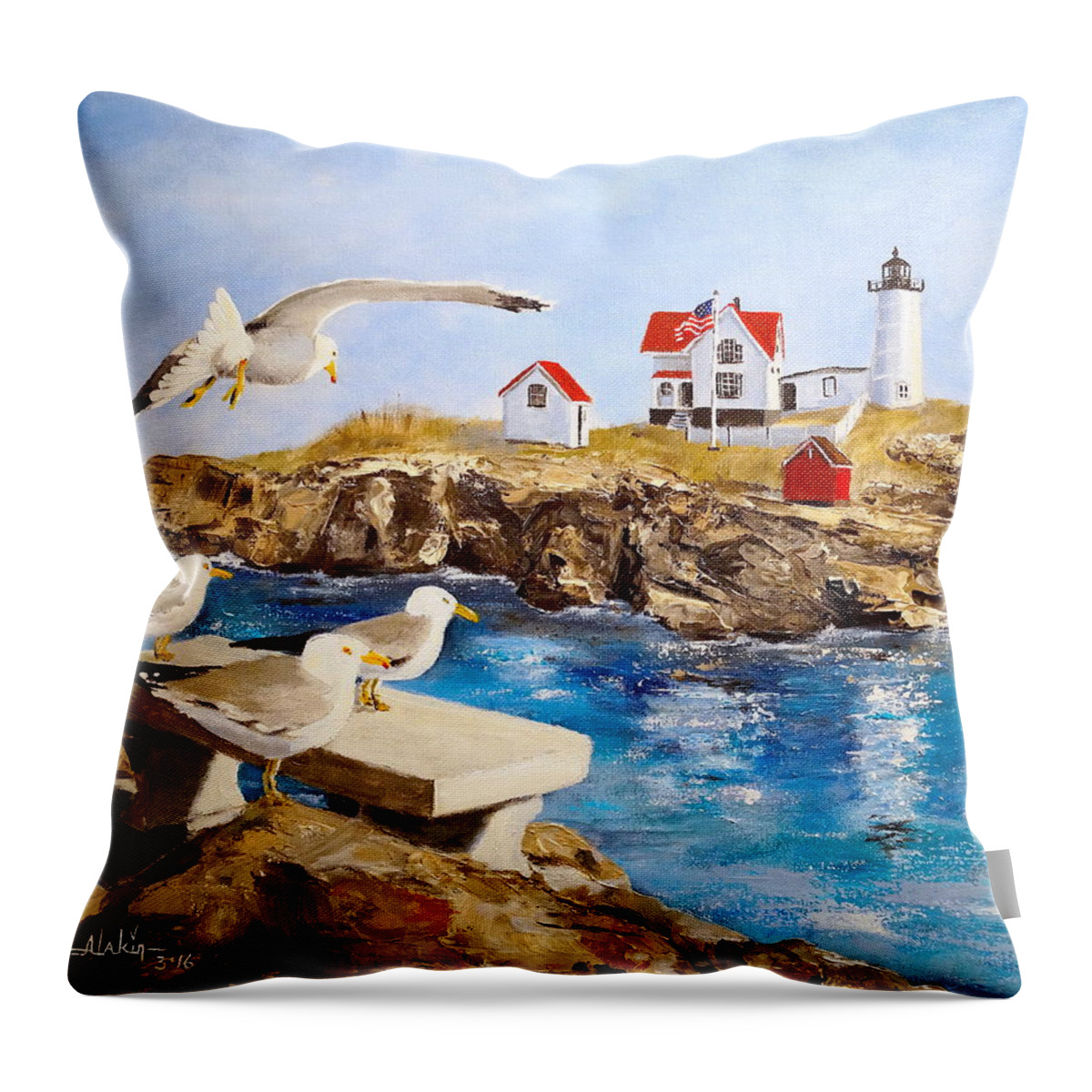 Lighthouse Throw Pillow featuring the painting Nubble Light by Alan Lakin