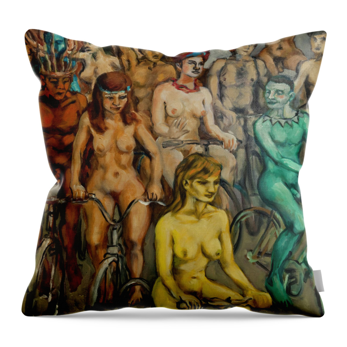 Body-paint Throw Pillow featuring the painting Nude cyclists with bodypaint by Peregrine Roskilly