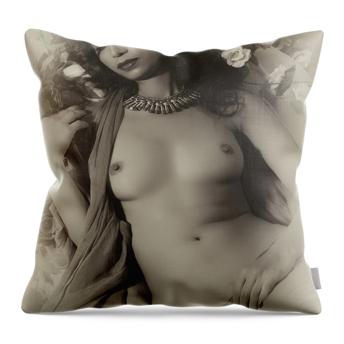 Seductive Throw Pillow featuring the photograph Nude on flower bed 2 by Kiran Joshi