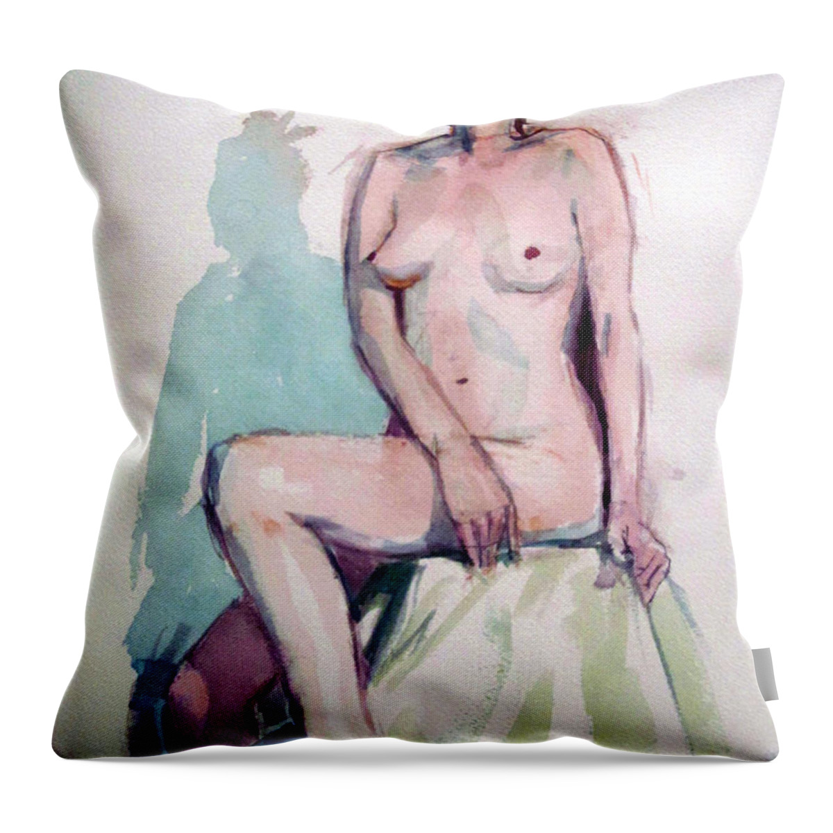 Watercolor Nude Throw Pillow featuring the painting Nude with Cast Shadow by Mark Lunde