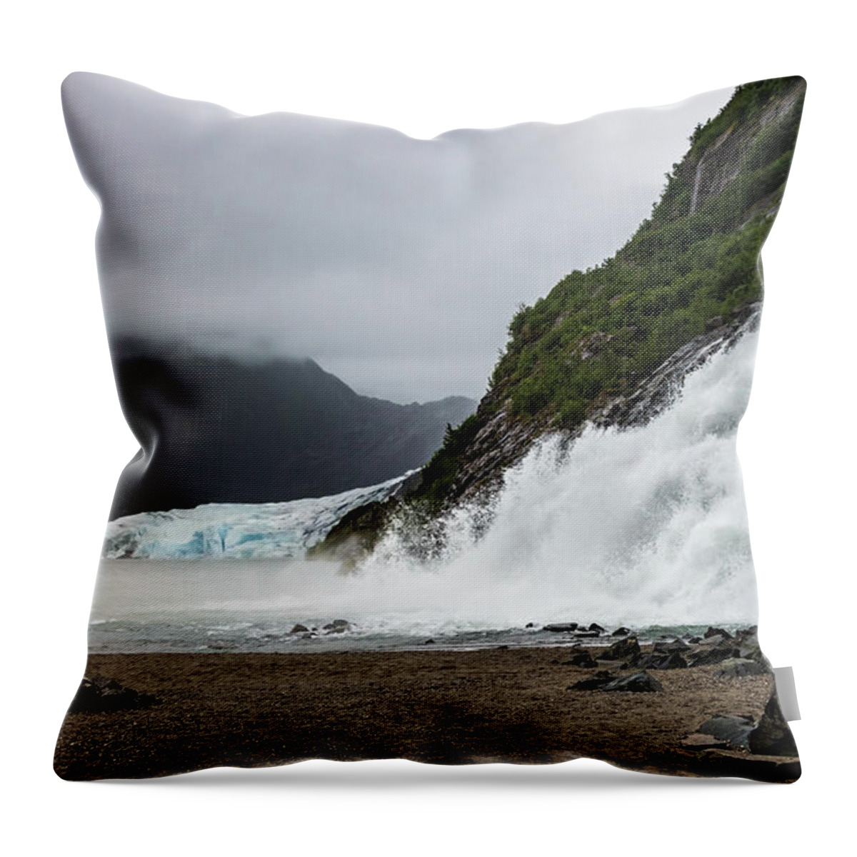 Rocks Throw Pillow featuring the photograph Nugget Falls and the Mendenhall by Ed Clark