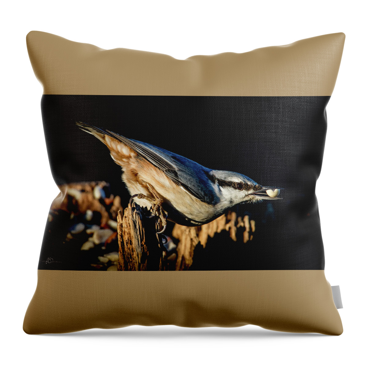 Nuthatch's Nut Throw Pillow featuring the photograph Nuthatch with a nut in the beak by Torbjorn Swenelius