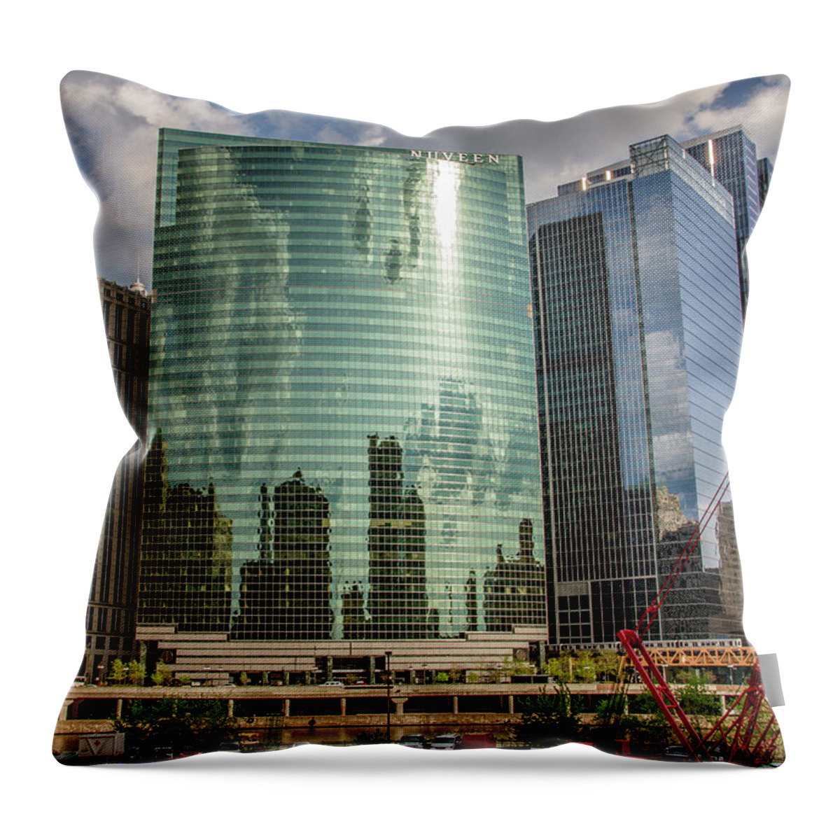 Chicago Throw Pillow featuring the photograph Nuveen Building along Chicago River in Chicago by Peter Ciro