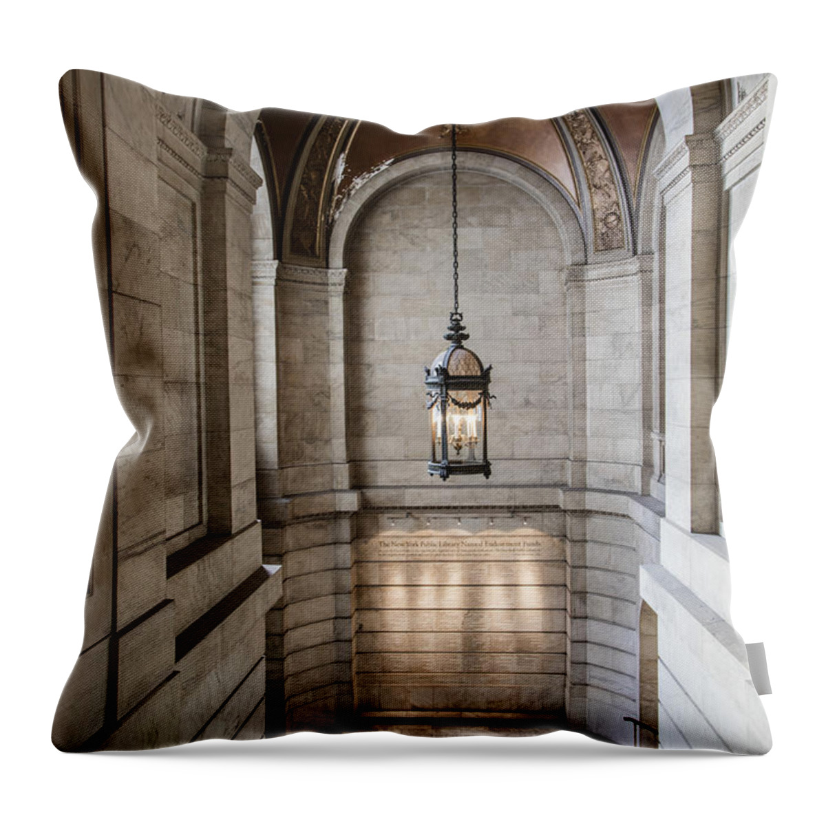 New York Throw Pillow featuring the photograph NYC Library and Stairs in Color by John McGraw