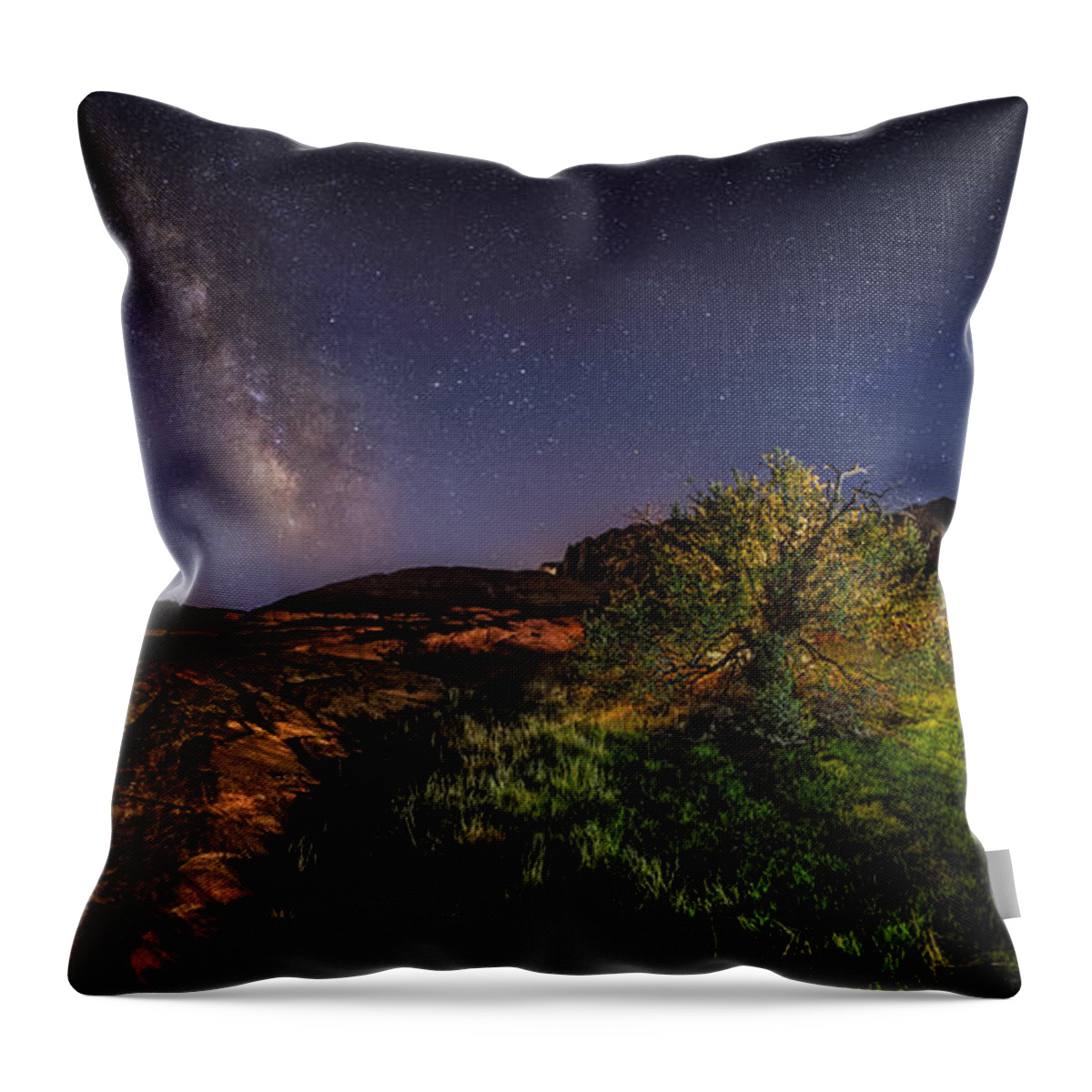 Snow Canyon Throw Pillow featuring the photograph Oasis Milky Way by Michael Ash