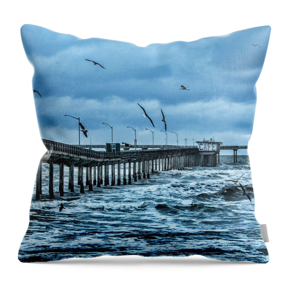Ocean Beach Fishing Pier Throw Pillow featuring the digital art Ocean Beach Fishing Pier by Daniel Hebard