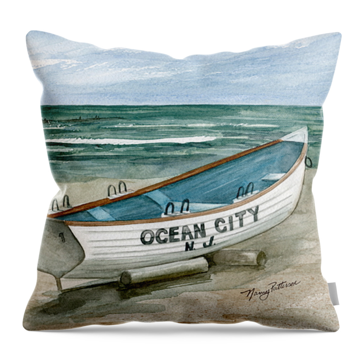 Ocean City Throw Pillow featuring the painting Ocean City Lifeguard Boat by Nancy Patterson