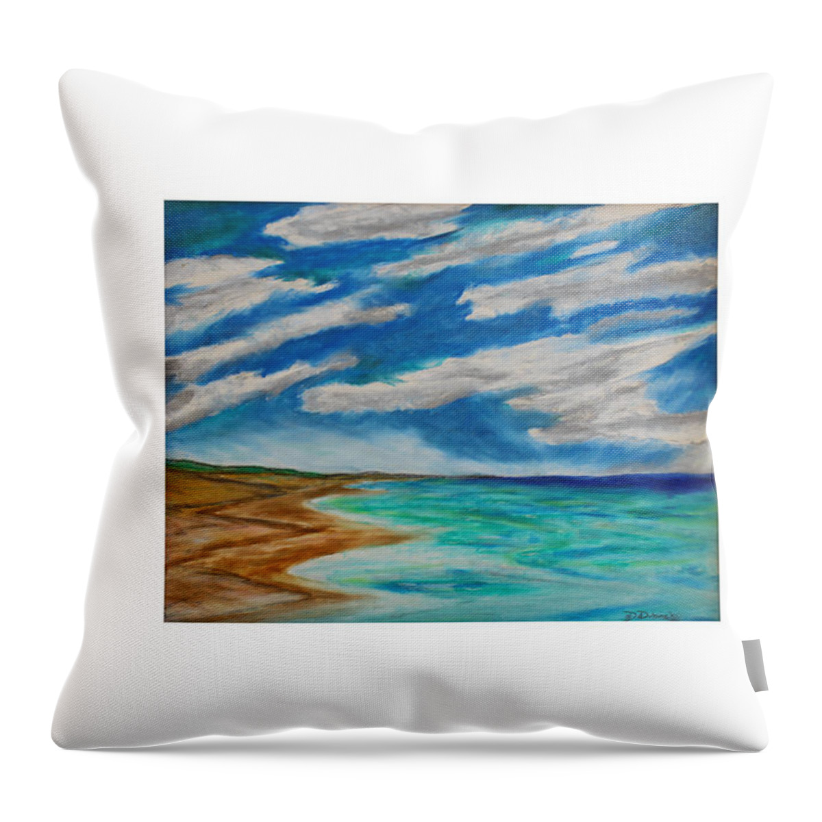 Ocean Beach Sand Tide Waves Sky Coastal Dunes Blue Green Morning Walk Pastel Throw Pillow featuring the painting Ocean clouds by Daniel Dubinsky