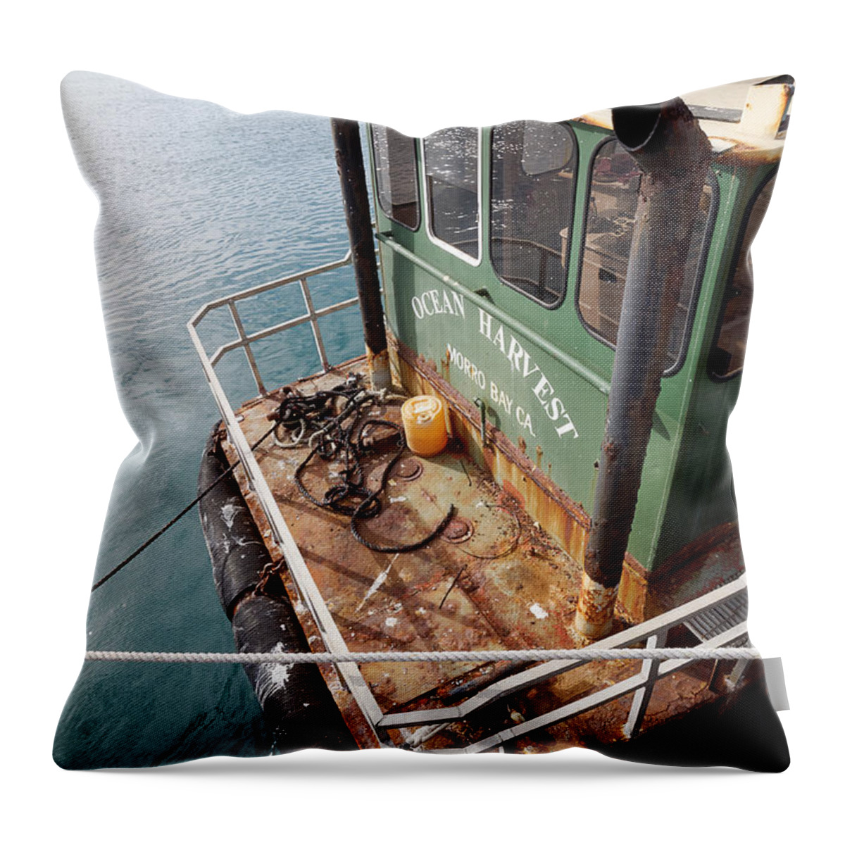 Darin Volpe Ships And Boats Throw Pillow featuring the photograph Ocean Harvest - Fishing Boat in Morro Bay, California by Darin Volpe