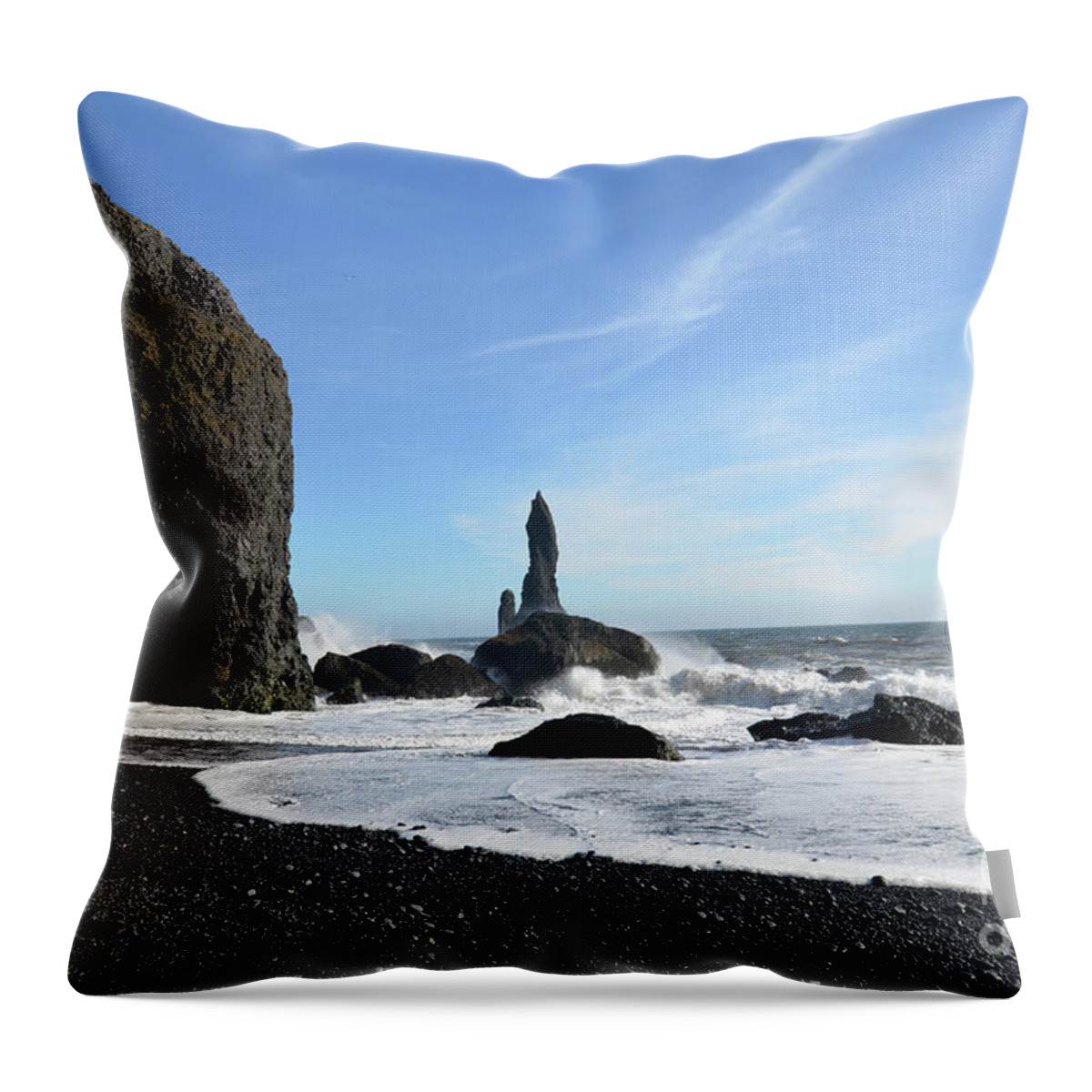 Reynisfjara-beach Throw Pillow featuring the photograph Ocean Waves Crashing Against the Reynisdrangar Sea Stacks by DejaVu Designs