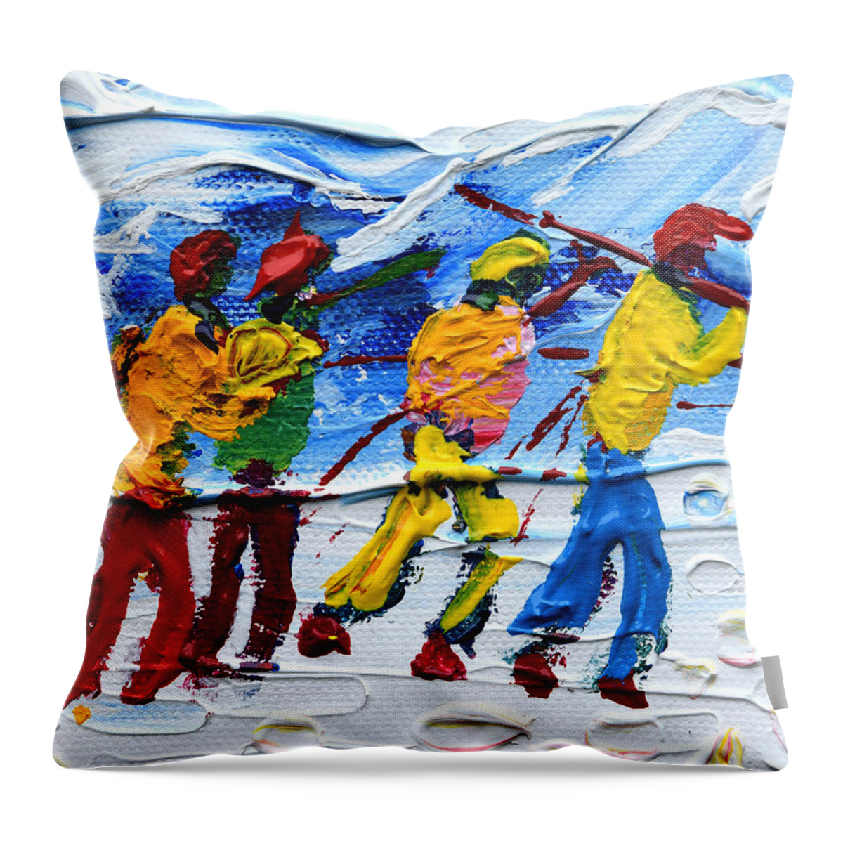 Skiing Throw Pillow featuring the painting Off To Ski We Go by Pete Caswell