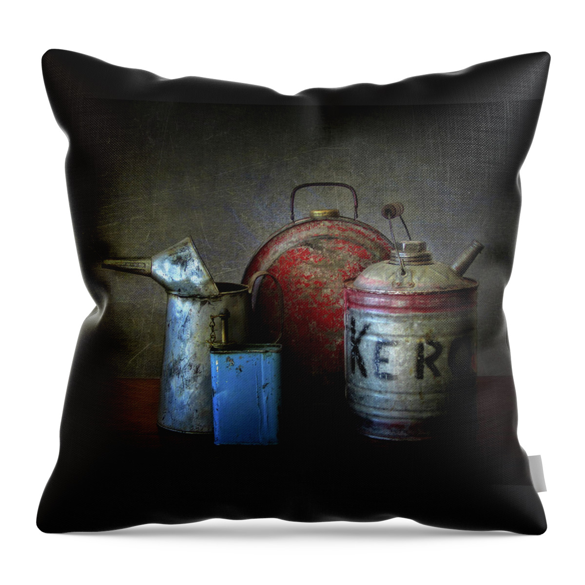Blue Throw Pillow featuring the photograph Oil and Kerosene Cans by David and Carol Kelly