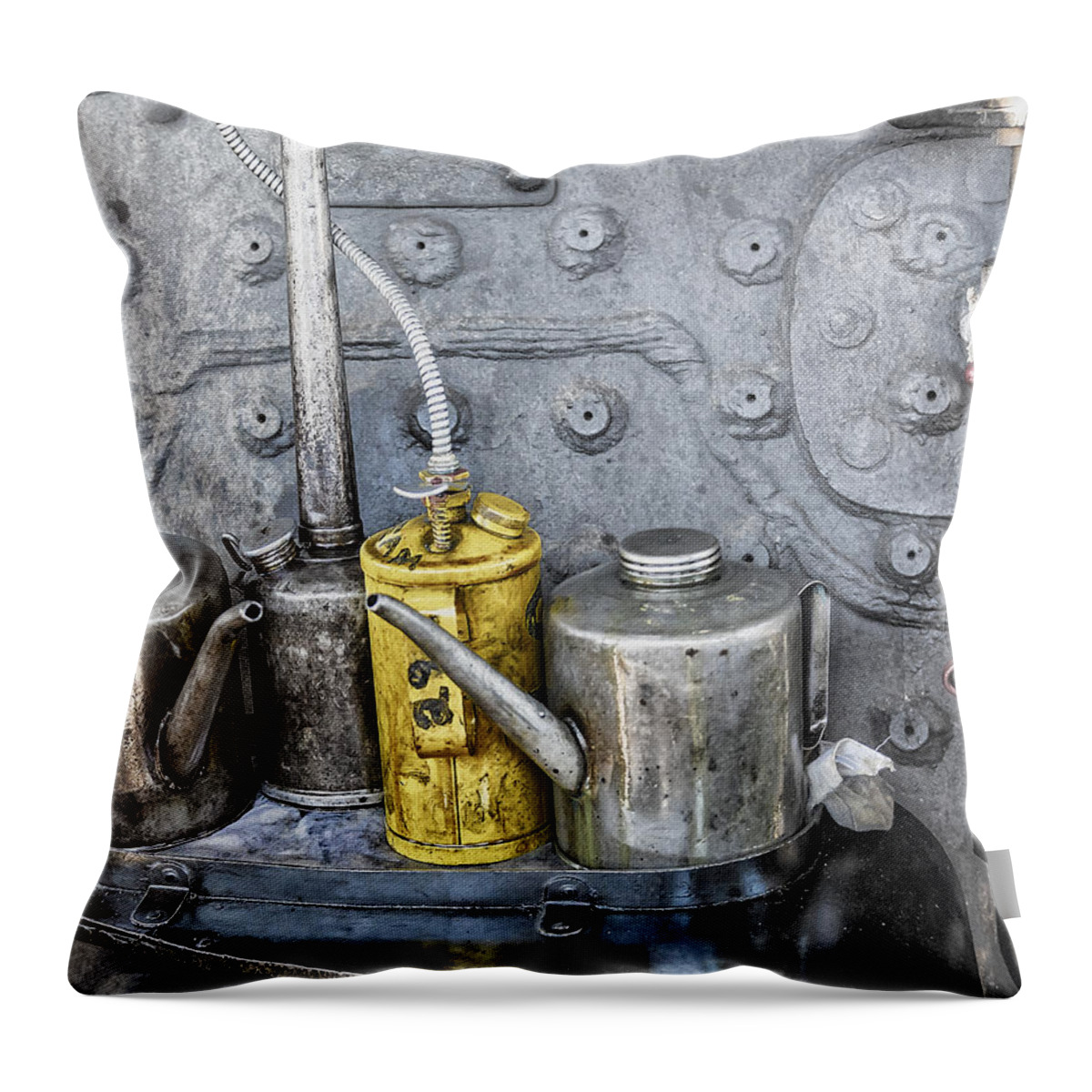 Excursion Trains Throw Pillow featuring the photograph Oil Cans by Jim Thompson