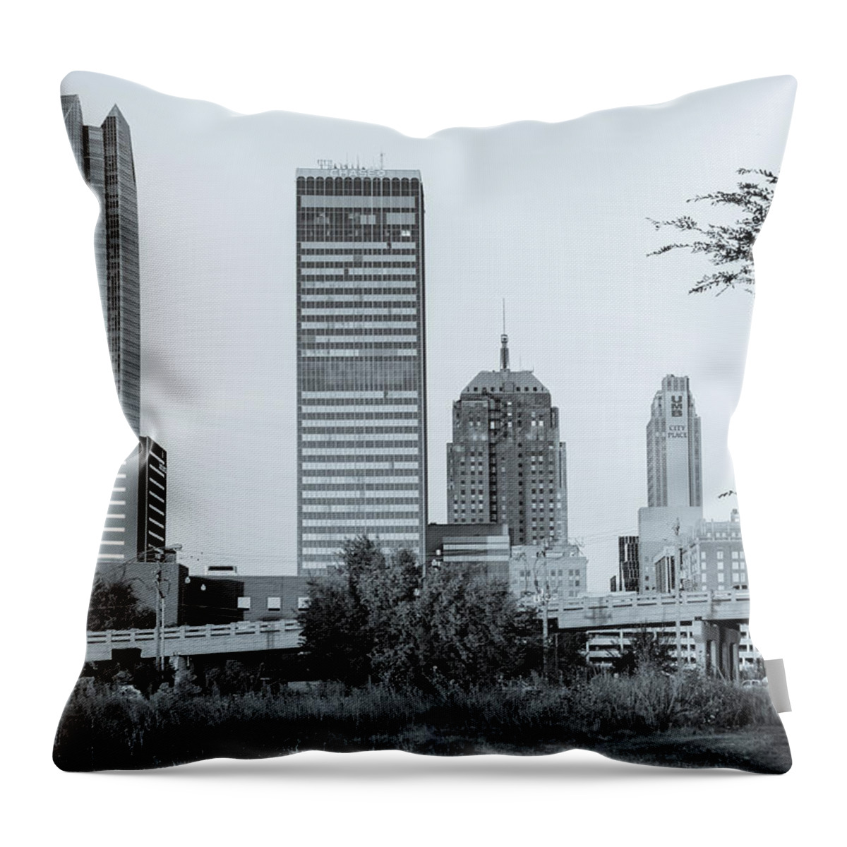 Oklahoma City Skyline Throw Pillow featuring the photograph Oklahoma City Skyline Morning - Black and White by Gregory Ballos