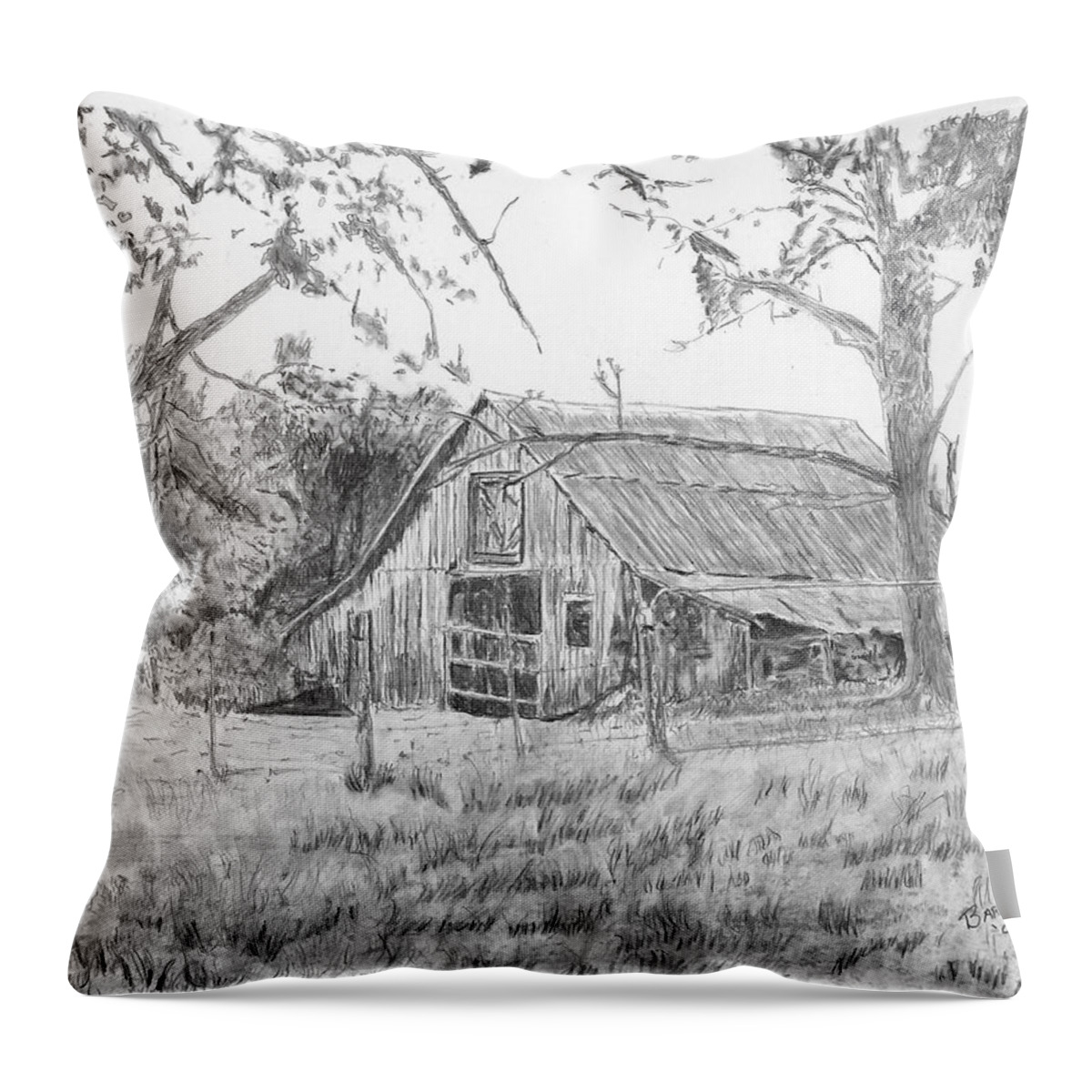 Old Barn Throw Pillow featuring the drawing Old Barn 2 by Barry Jones
