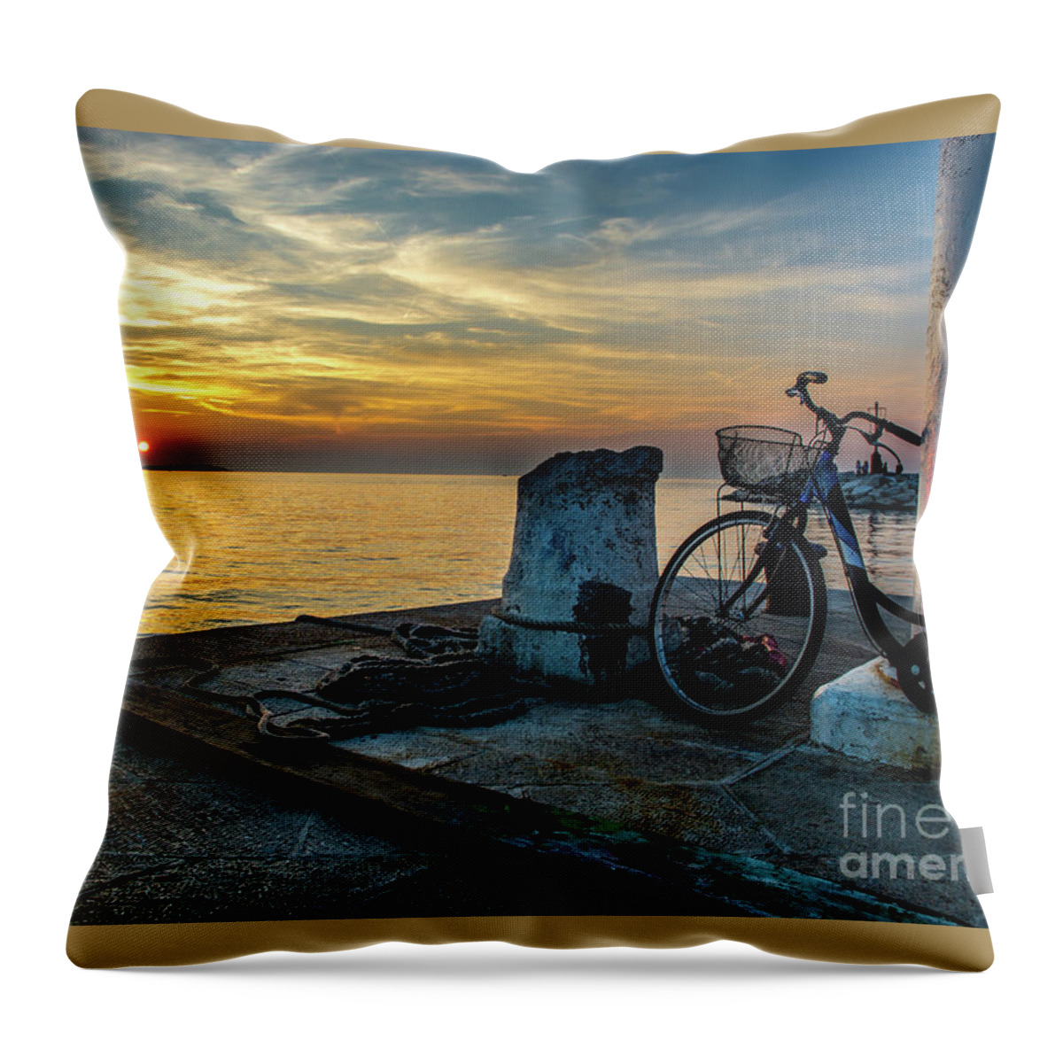Bicycle Throw Pillow featuring the photograph Old Bicycle on Jetty at Sunset by Andreas Berthold
