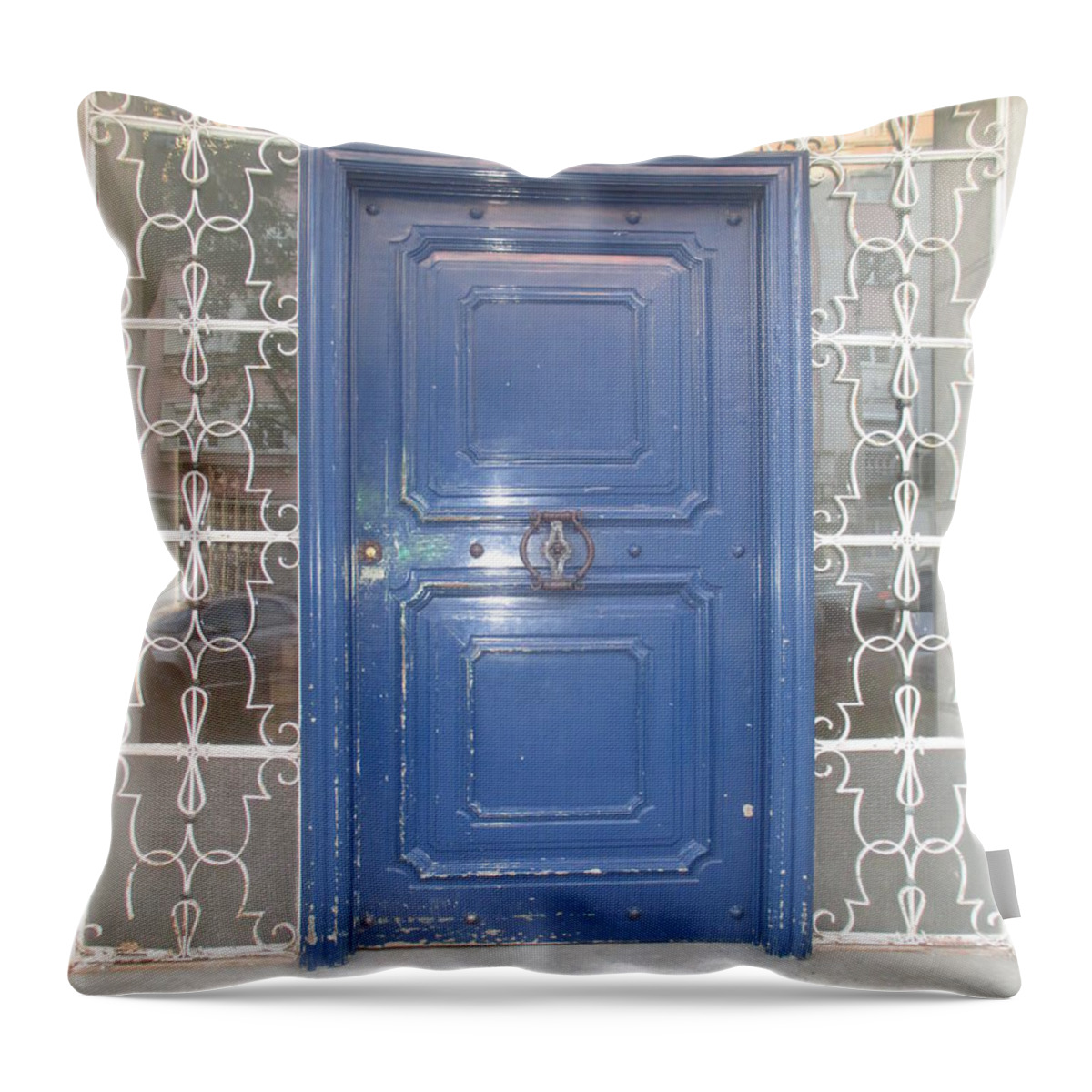 Door Throw Pillow featuring the photograph Old blue door in Lisbon by Anamarija Marinovic