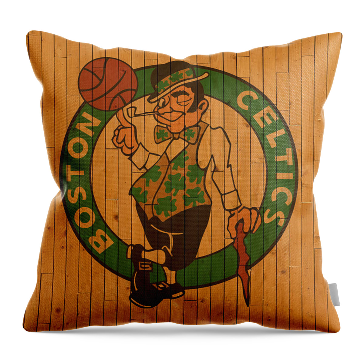 Old Throw Pillow featuring the mixed media Old Boston Celtics Basketball Gym Floor by Design Turnpike