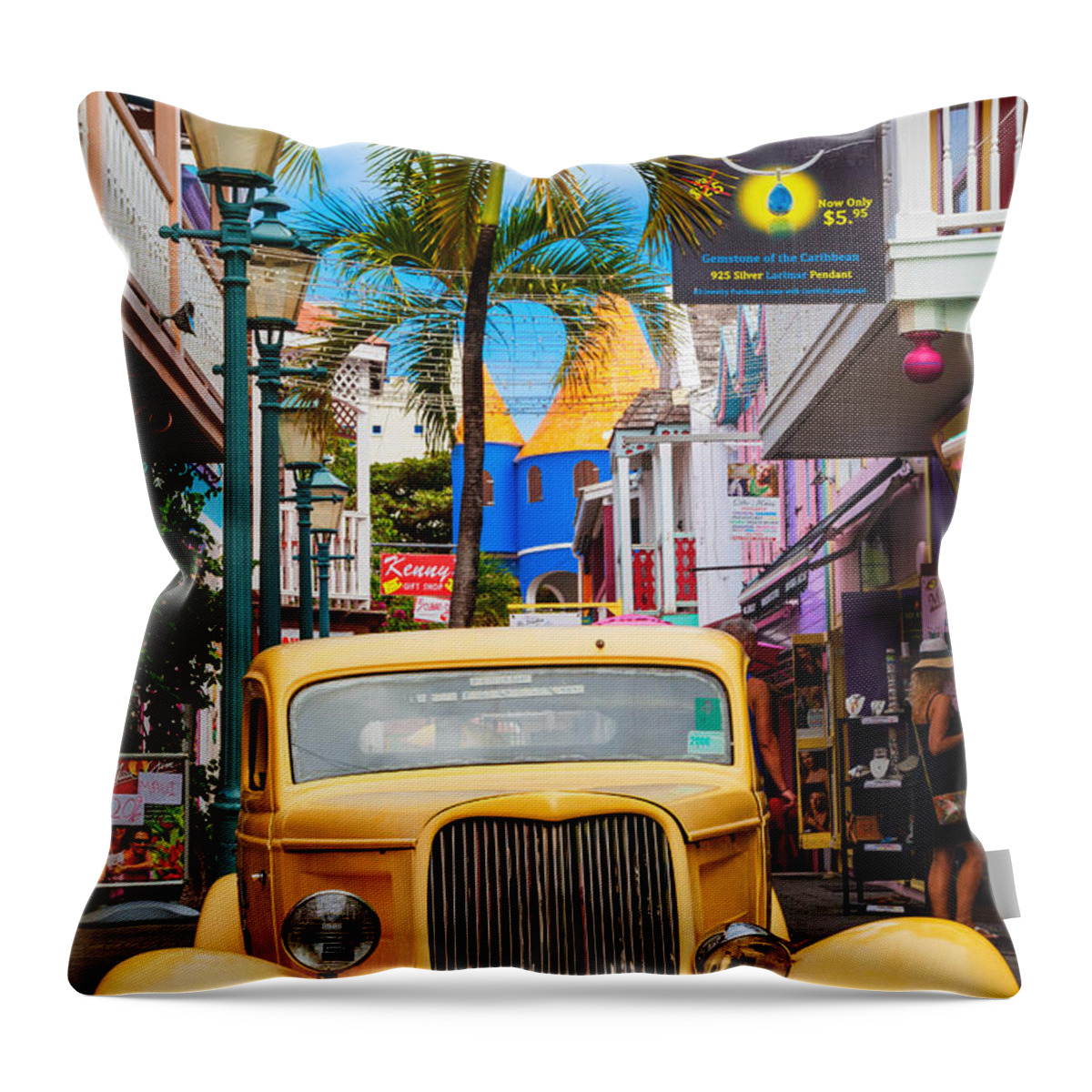 Old Throw Pillow featuring the photograph Old Car On Old Street by Diane Macdonald