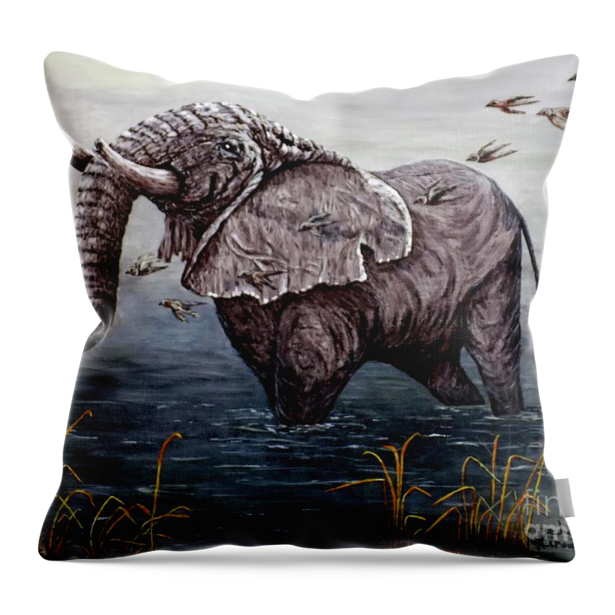 Old Elephant Throw Pillow featuring the painting Old Elephant by Judy Kirouac