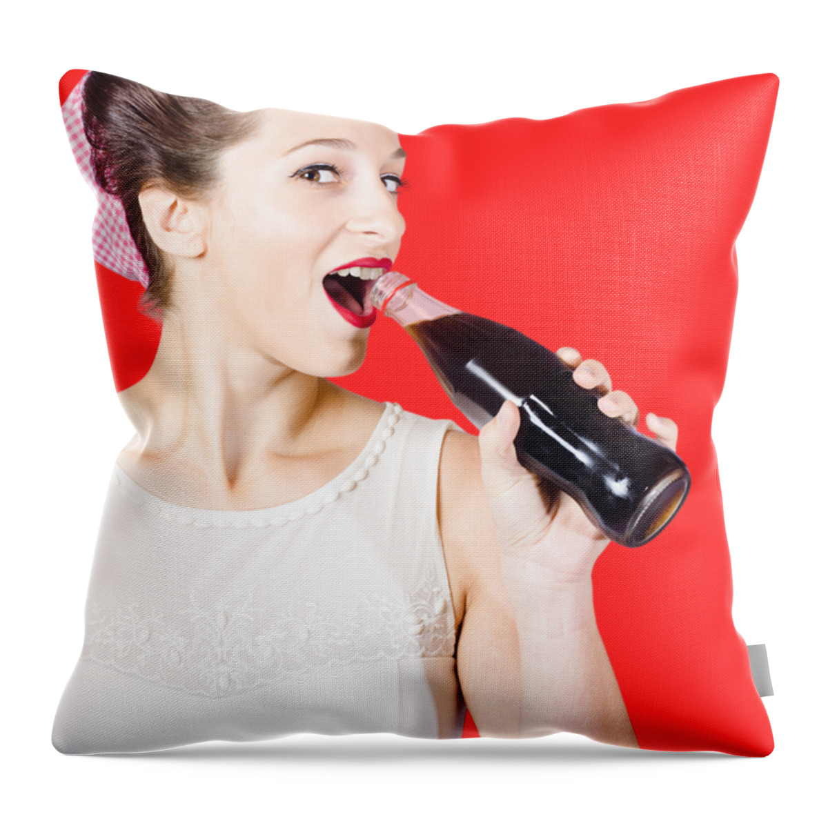 Soft Drink Throw Pillow featuring the photograph Old-fashion pop art girl drinking from soda bottle by Jorgo Photography