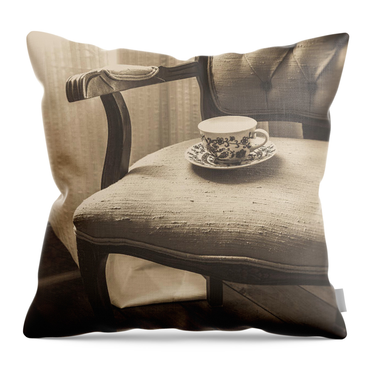 Cottage Throw Pillow featuring the photograph Old Friend China Tea Up on Chair by Edward Fielding