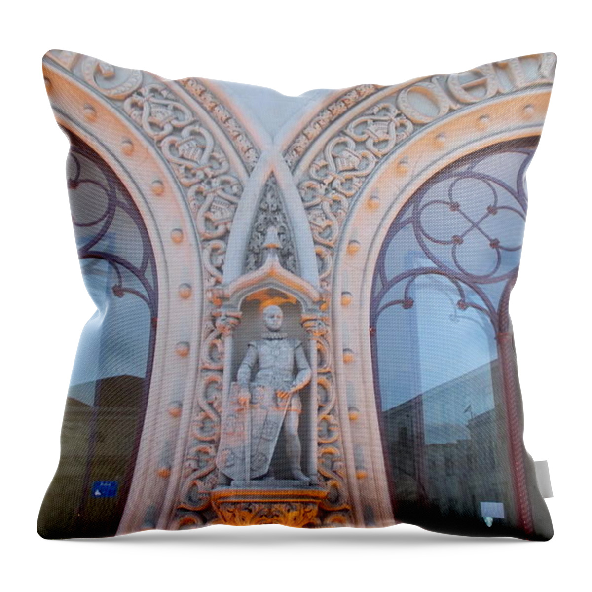 Old Gate Throw Pillow featuring the photograph Old gate of the Rossio train station in Lisbon by Anamarija Marinovic