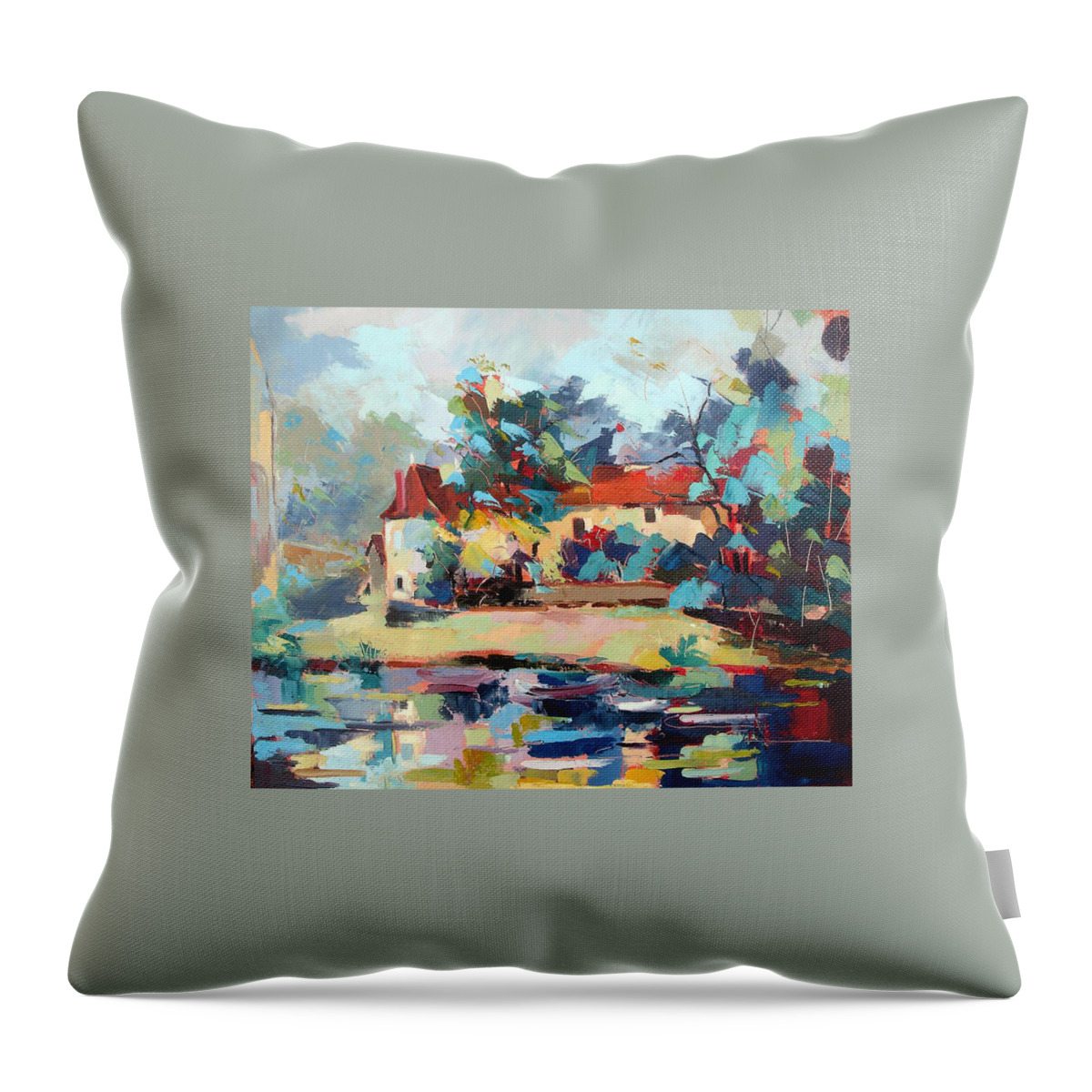  Throw Pillow featuring the painting Old houses at Angles sur Anglin by Kim PARDON