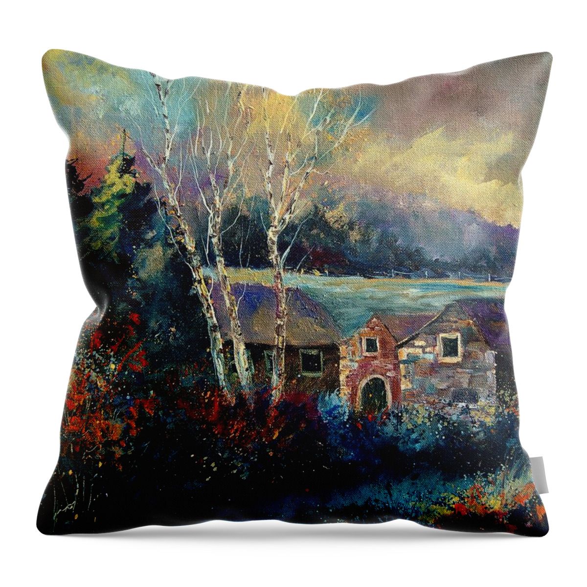 Village Throw Pillow featuring the painting Old houses in Hour by Pol Ledent