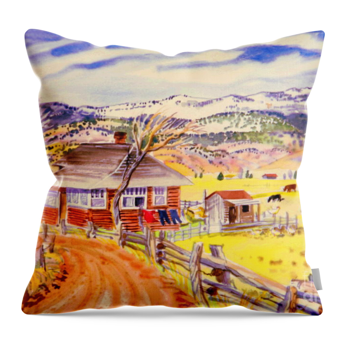  Old Log House On Ranch In Colorado Mountains Throw Pillow featuring the painting Old log house Gyspum Creek by Annie Gibbons