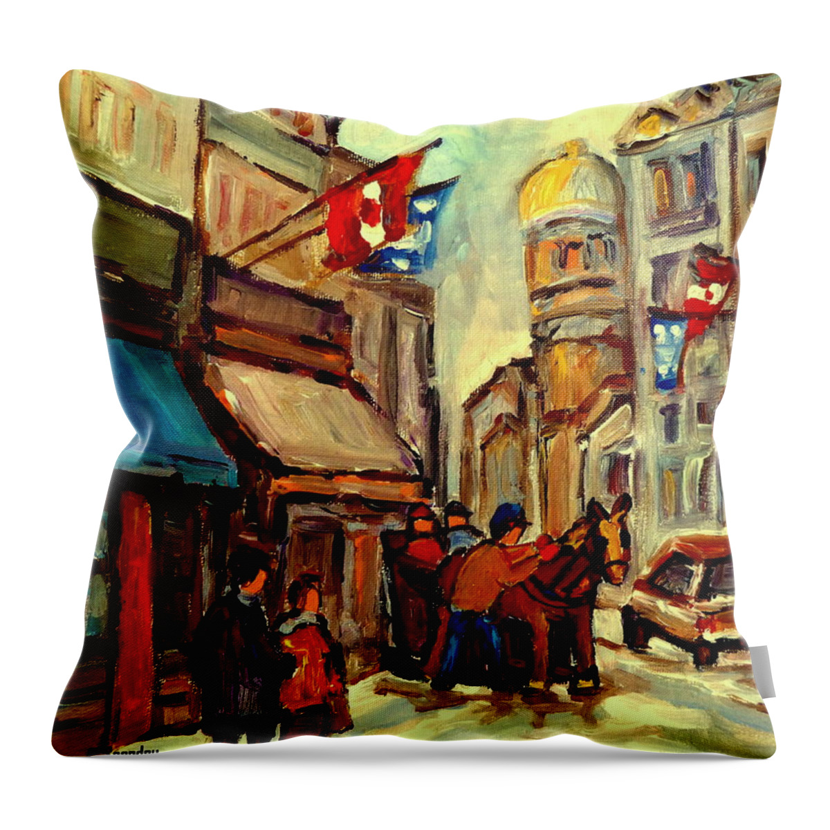 Montreal Throw Pillow featuring the painting Old Montreal Rue St Paul Winterscene With Caleche by Carole Spandau