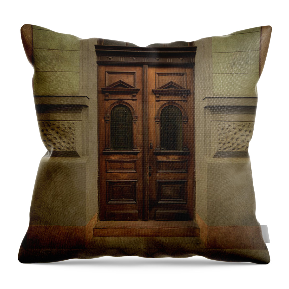 Gate Throw Pillow featuring the photograph Old ornamented wooden gate in brown tones by Jaroslaw Blaminsky