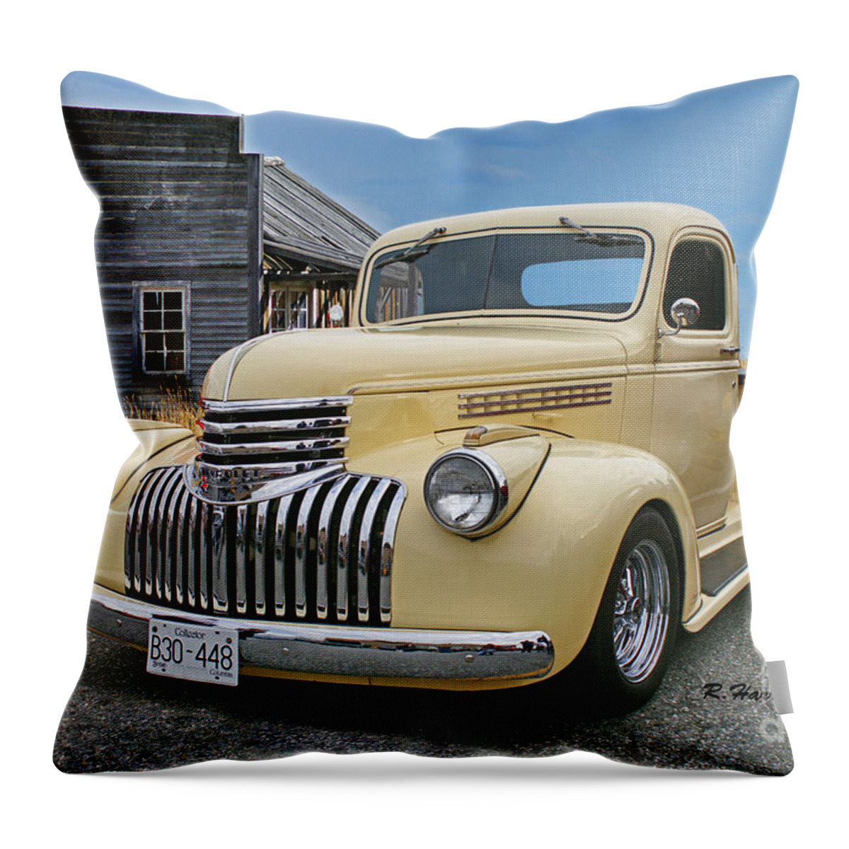 Cars Throw Pillow featuring the photograph Old Pick up with the Old Calgary Outbuilding by Randy Harris