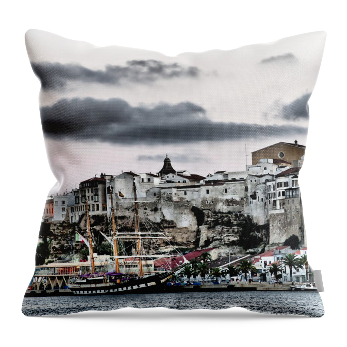 Hdr Throw Pillow featuring the photograph Old port Mahon and Italian sail training vessel Palinuro hdr by Pedro Cardona Llambias