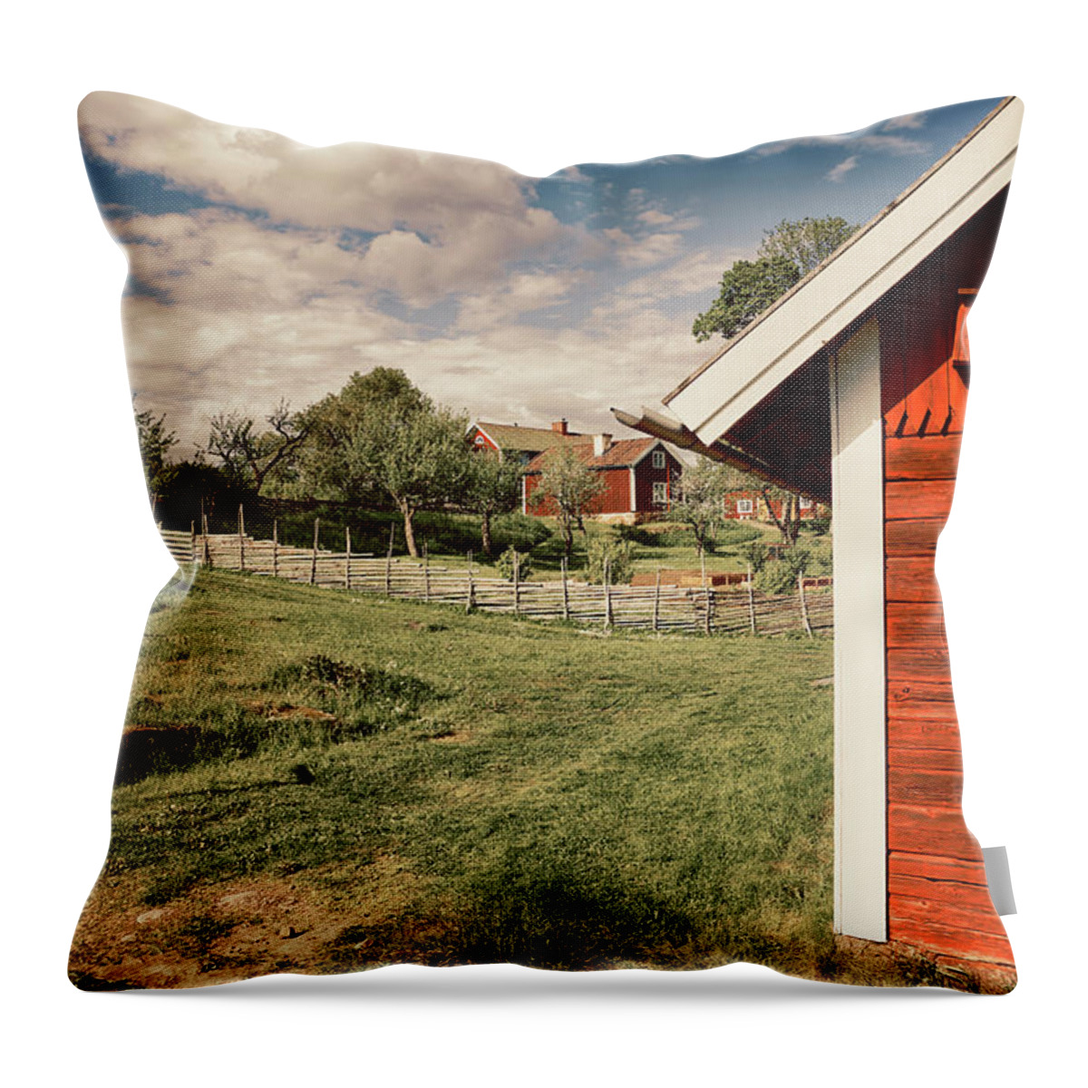 Farm Throw Pillow featuring the photograph Old Red Farm Set In A Rural Nature Landscape by Christian Lagereek